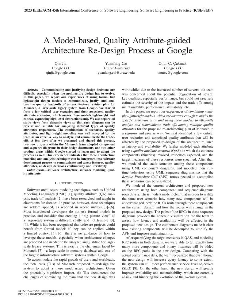 Первая страница whitepaper A Model-based, Quality Attribute-guided Architecture Re-Design Process at Google
