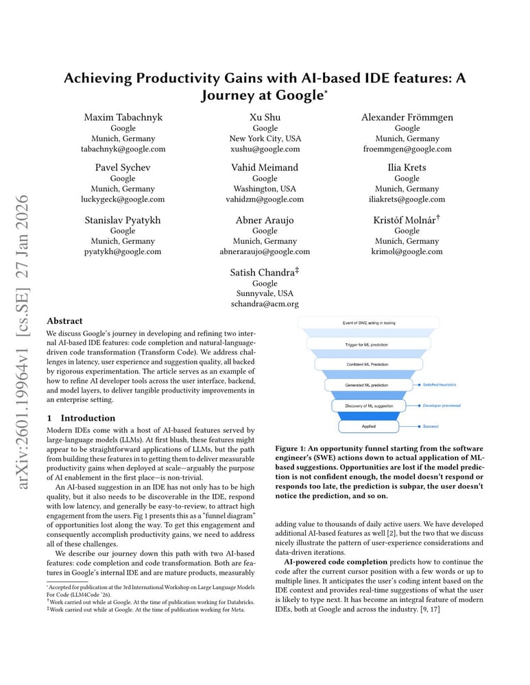 Первая страница whitepaper Achieving Productivity Gains with AI-based IDE features: A Journey at Google
