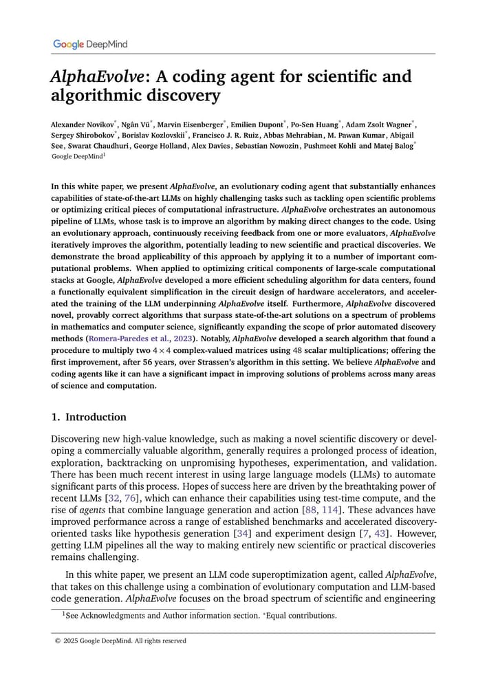 Первая страница whitepaper AlphaEvolve: A Gemini-powered coding agent for designing advanced algorithms