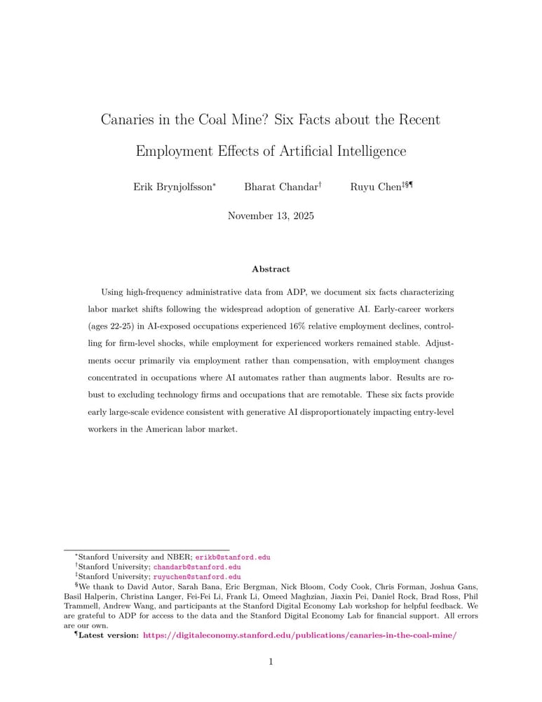 Первая страница whitepaper Canaries in the Coal Mine? Six Facts about the Recent Employment Effects of Artificial Intelligence