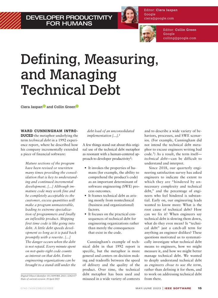 Первая страница paper Defining, measuring and managing technical debt