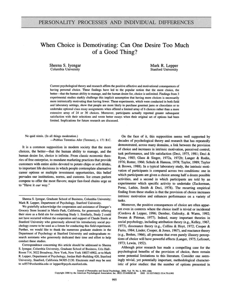 Первая страница статьи When Choice is Demotivating: Can One Desire Too Much of a Good Thing?