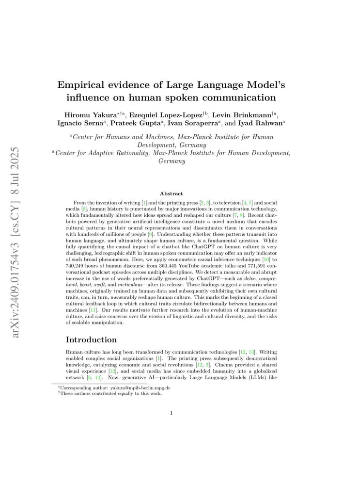 Первая страница whitepaper Empirical evidence of Large Language Model's influence on human spoken communication