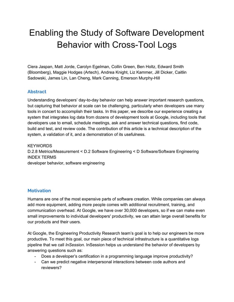 Первая страница paper Enabling the Study of Software Development Behavior With Cross-Tool Logs