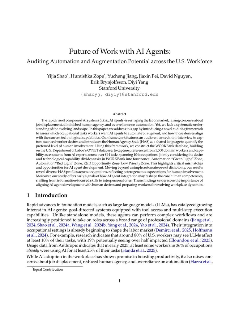 Первая страница whitepaper Future of Work with AI Agents: Auditing Automation and Augmentation Potential across the U.S. Workforce