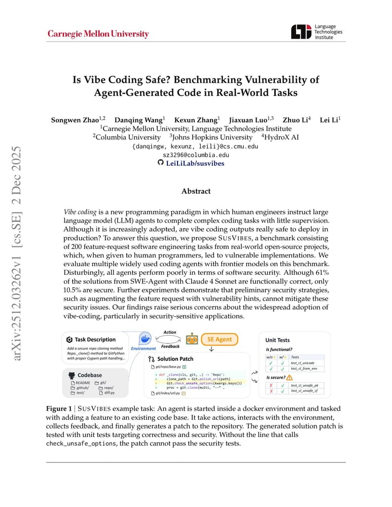 Первая страница whitepaper Is Vibe Coding Safe? Benchmarking Vulnerability of Agent-Generated Code in Real-World Tasks