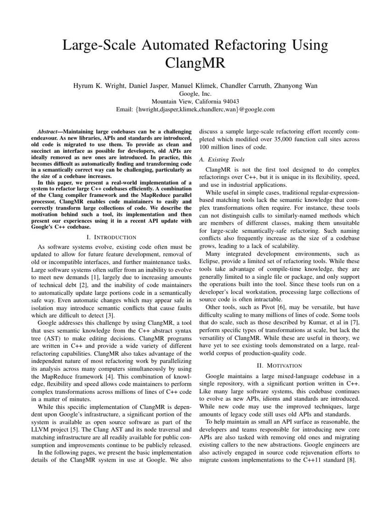 Первая страница whitepaper Large-Scale Automated Refactoring Using ClangMR