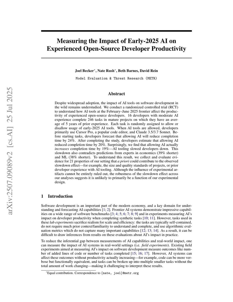 Первая страница whitepaper Measuring the Impact of Early-2025 AI on Experienced Open-Source Developer Productivity