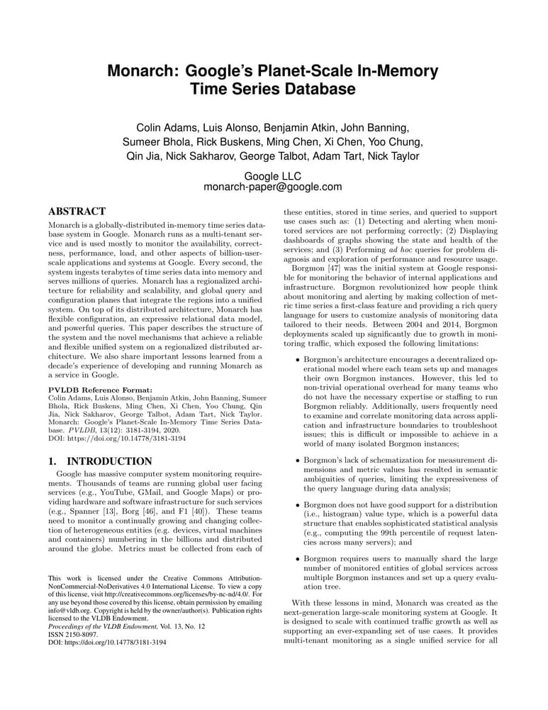 Первая страница whitepaper Monarch: Google's Planet-Scale In-Memory Time Series Database