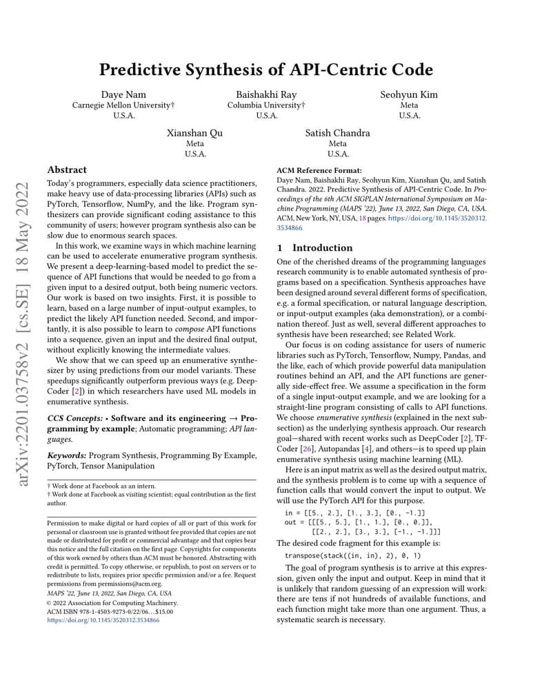 Первая страница preprint Predictive Synthesis of API-Centric Code