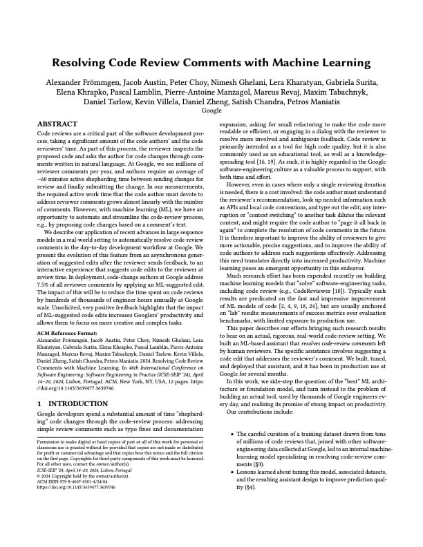 Первая страница whitepaper Resolving Code Review Comments with Machine Learning