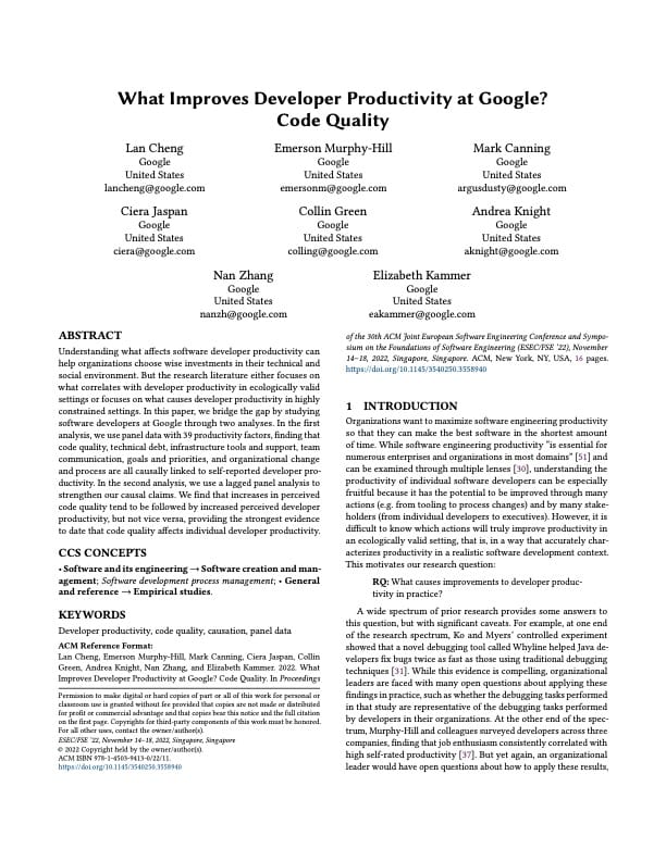 Первая страница whitepaper Developer Productivity for Humans, Part 7: Software Quality
